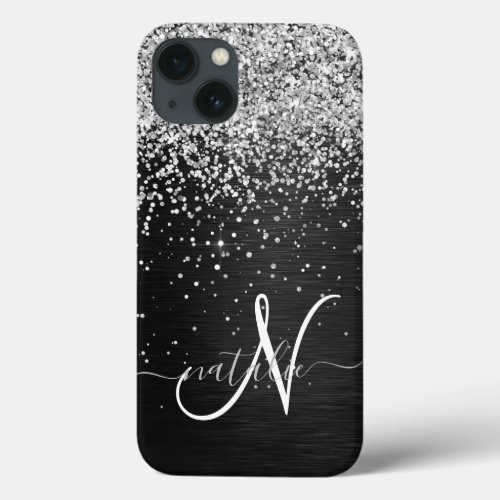 Custom Silver Glitter Black Sparkle Monogram iPhone 13 Case