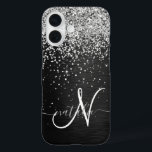 Custom Silver Glitter Black Sparkle Monogram iPhone 16 Case<br><div class="desc">Easily personalize this trendy elegant phone case design featuring pretty silver sparkling glitter on a black brushed metallic background.</div>