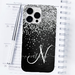 Custom Silver Glitter Black Sparkle Monogram Case-Mate iPhone 14 Pro Max Case