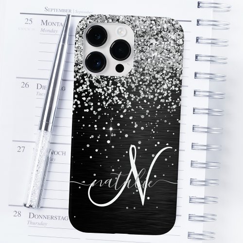 Custom Silver Glitter Black Sparkle Monogram Case_Mate iPhone 14 Pro Max Case