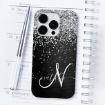 Custom Silver Glitter Black Sparkle Monogram Case-Mate iPhone 14 Pro Case<br><div class="desc">Easily personalize this trendy elegant phone case design featuring pretty silver sparkling glitter on a black brushed metallic background.</div>