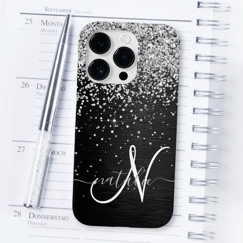 Custom Silver Glitter Black Sparkle Monogram Case_Mate iPhone 14 Pro Case