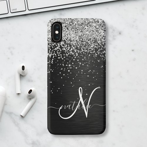 Custom Silver Glitter Black Sparkle Monogram iPhone 15 Case