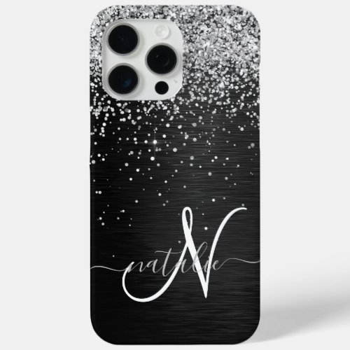 Custom Silver Glitter Black Sparkle Monogram iPhone 15 Pro Max Case