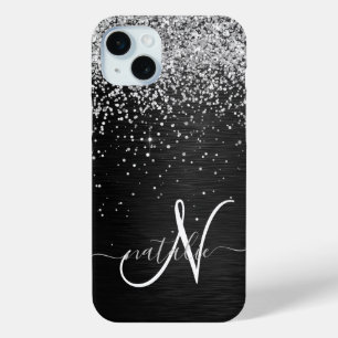 Custom Silver Glitter Black Sparkle Monogram iPhone 15 Plus Case