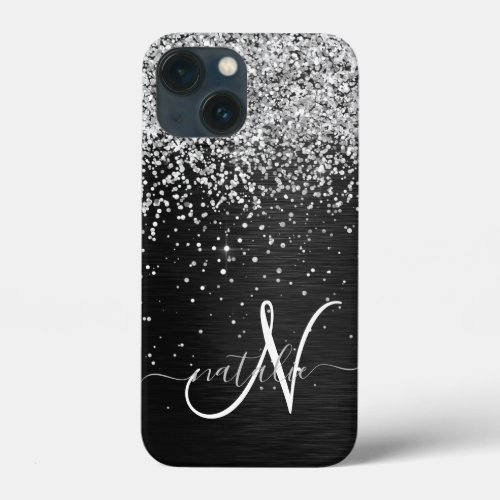 Custom Silver Glitter Black Sparkle Monogram iPhone 13 Mini Case