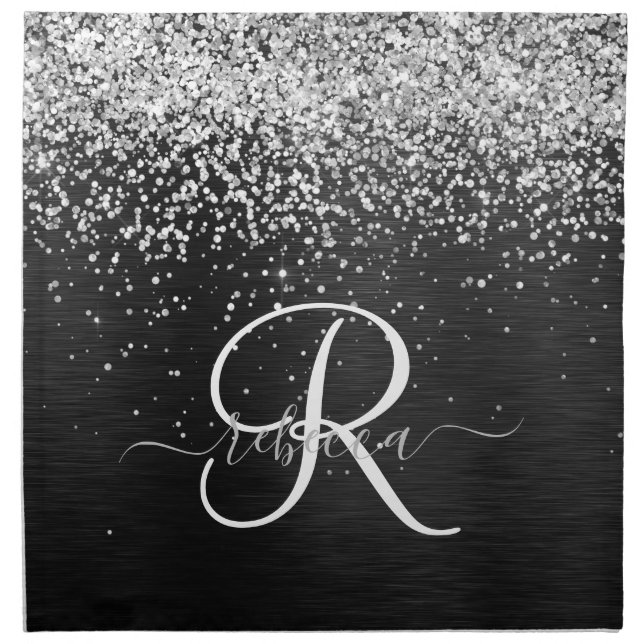 Custom Silver Glitter Black Sparkle Monogram Cloth Napkin (Front)