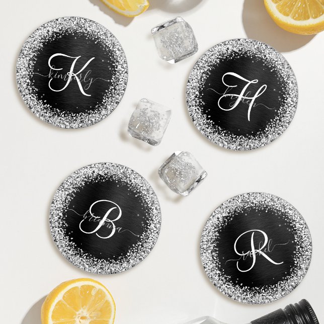Custom Silver Glitter Black Sparkle Monogram Coaster Set (Creator Uploaded)