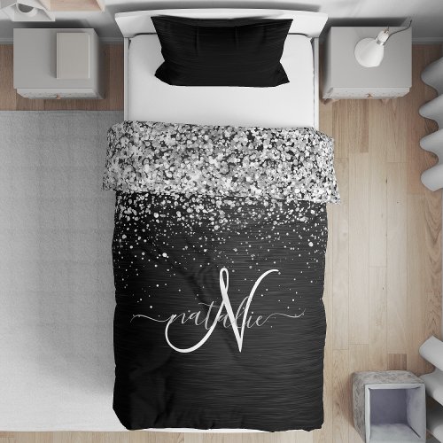 Custom Silver Glitter Black Sparkle Monogram Duvet Cover