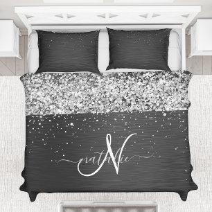 Custom Silver Glitter Black Sparkle Monogram Duvet Cover