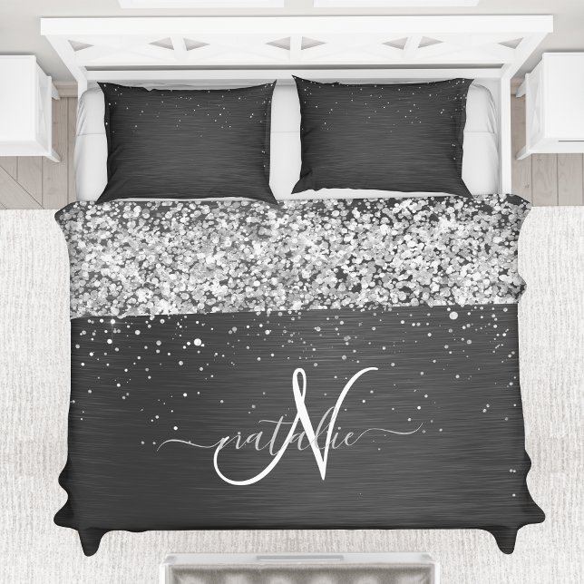 Custom Silver Glitter Black Sparkle Monogram Duvet Cover (Creator Uploaded)