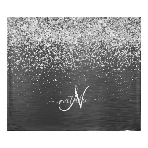 Custom Silver Glitter Black Sparkle Monogram Duvet Cover