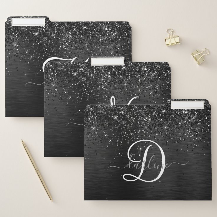 Custom Silver Glitter Black Sparkle Monogram File File Folder | Zazzle