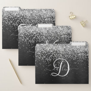 Custom Silver Glitter Black Sparkle Monogram File Folder