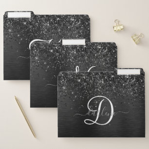  Custom Silver Glitter Black Sparkle Monogram File Folder