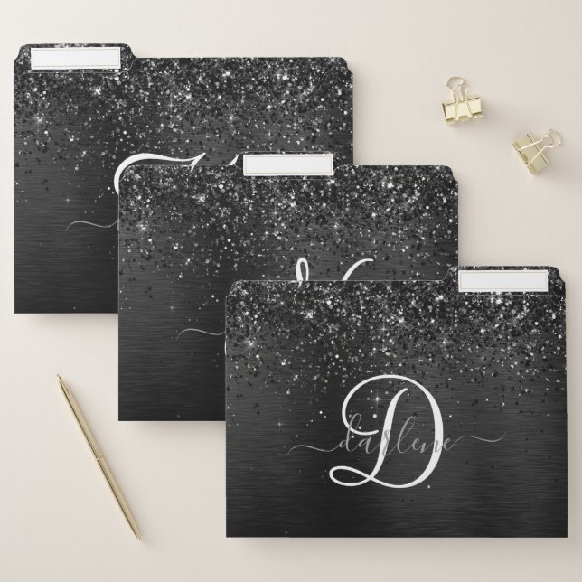  Custom Silver Glitter Black Sparkle Monogram File Folder (Set)