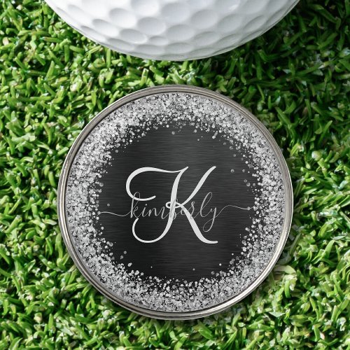 Custom Silver Glitter Black Sparkle Monogram Golf Ball Marker