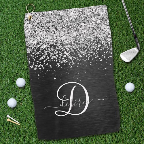 Custom Silver Glitter Black Sparkle Monogram Golf Towel
