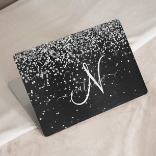 Custom Silver Glitter Black Sparkle Monogram HP Laptop Skin