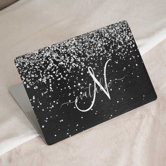 Custom Silver Glitter Black Sparkle Monogram HP Laptop Skin (Creator Uploaded)