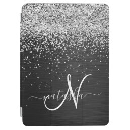 Custom Silver Glitter Black Sparkle Monogram iPad Air Cover