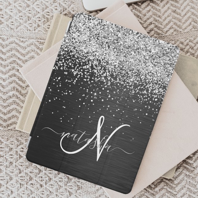 Custom Silver Glitter Black Sparkle Monogram iPad Mini Cover (Creator Uploaded)