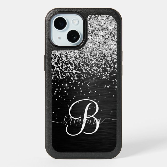  Custom Silver Glitter Black Sparkle Monogram iPhone 15 Case (Back)