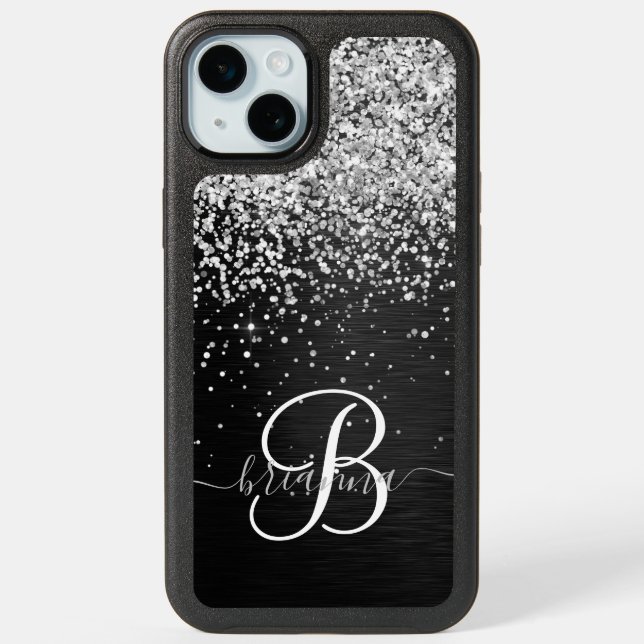 Custom Silver Glitter Black Sparkle Monogram iPhone 15 Plus Case (Back)