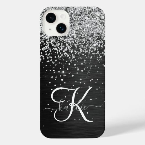 Custom Silver Glitter Black Sparkle Monogram iPhone 14 Plus Case