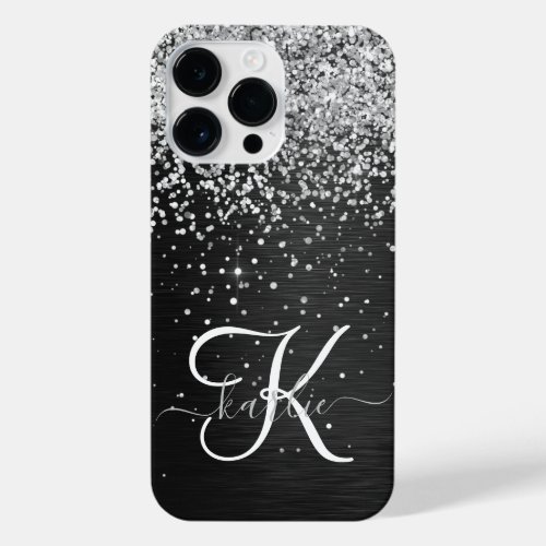 Custom Silver Glitter Black Sparkle Monogram iPhone 14 Pro Max Case