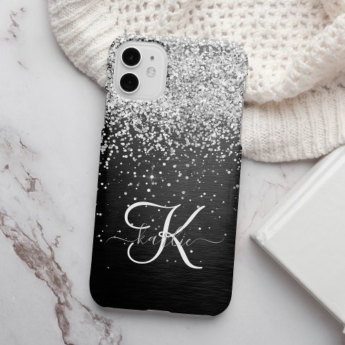 Custom Silver Glitter Black Sparkle Monogram iPhone 14 Case