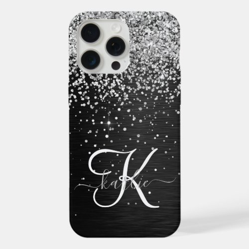 Custom Silver Glitter Black Sparkle Monogram iPhone 15 Pro Max Case