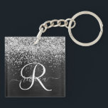 Custom Silver Glitter Black Sparkle Monogram Keychain<br><div class="desc">Easily personalize this trendy elegant keychain design featuring pretty silver sparkling glitter on a black brushed metallic background.</div>