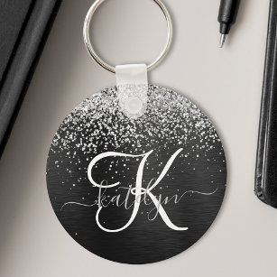 Custom Silver Glitter Black Sparkle Monogram Keychain