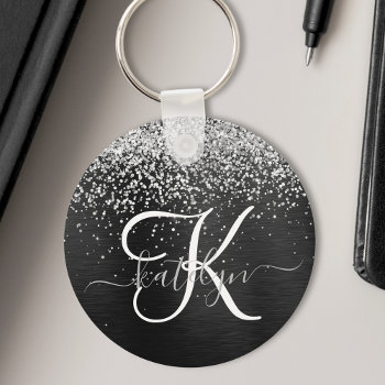 Custom Silver Glitter Black Sparkle Monogram Keychain by sweetbirdiestudio at Zazzle