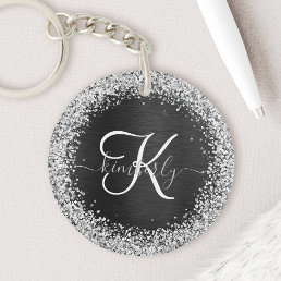 Custom Silver Glitter Black Sparkle Monogram Keychain