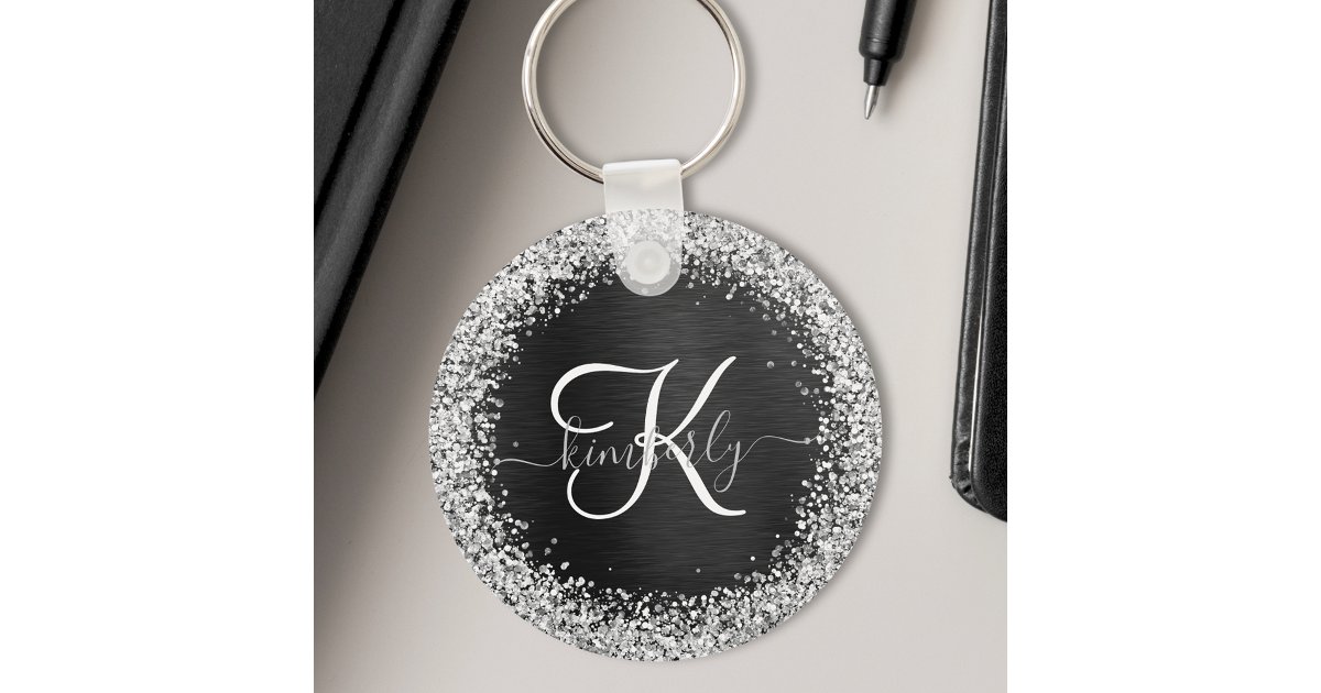 Custom Silver Glitter Black Sparkle Monogram Keychain | Zazzle