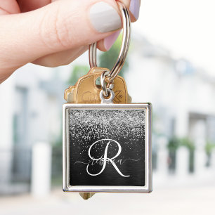 Custom Silver Glitter Black Sparkle Monogram Keychain