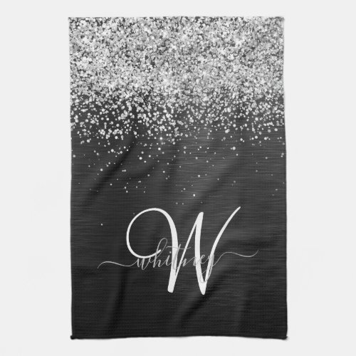 Custom Silver Glitter Black Sparkle Monogram Kitchen Towel