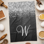 Custom Silver Glitter Black Sparkle Monogram Kitchen Towel<br><div class="desc">Easily personalize this trendy elegant kitchen towel design featuring pretty silver sparkling glitter on a black brushed metallic background.</div>