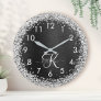 Custom Silver Glitter Black Sparkle Monogram Large Clock