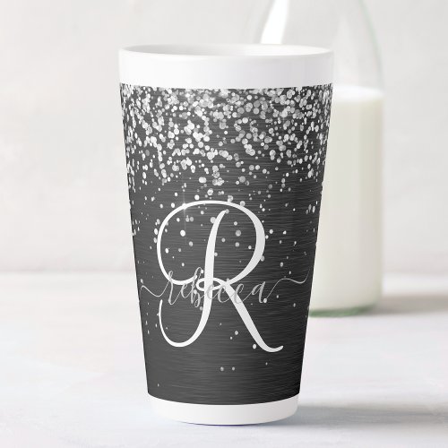 Custom Silver Glitter Black Sparkle Monogram Latte Mug