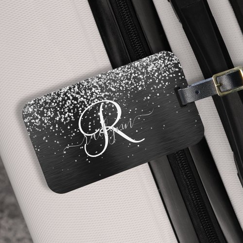 Custom Silver Glitter Black Sparkle Monogram Luggage Tag