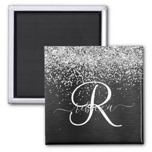 Custom Silver Glitter Black Sparkle Monogram Magnet