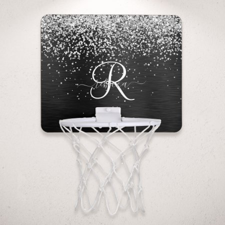 Custom Silver Glitter Black Sparkle Monogram Mini Basketball Hoop