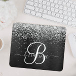 Custom Silver Glitter Black Sparkle Monogram Mouse Pad<br><div class="desc">Easily personalize this trendy elegant mouse pad design featuring pretty silver sparkling glitter on a black brushed metallic background.</div>