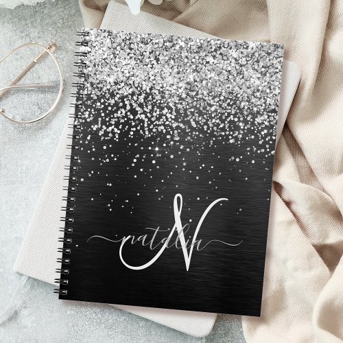 Custom Silver Glitter Black Sparkle Monogram Notebook