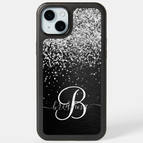 Custom Silver Glitter Black Sparkle Monogram iPhone 15 Plus Case