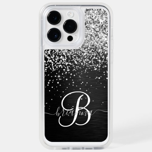 Custom Silver Glitter Black Sparkle Monogram OtterBox iPhone 14 Pro Max Case