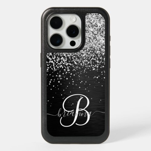 Custom Silver Glitter Black Sparkle Monogram iPhone 15 Pro Case